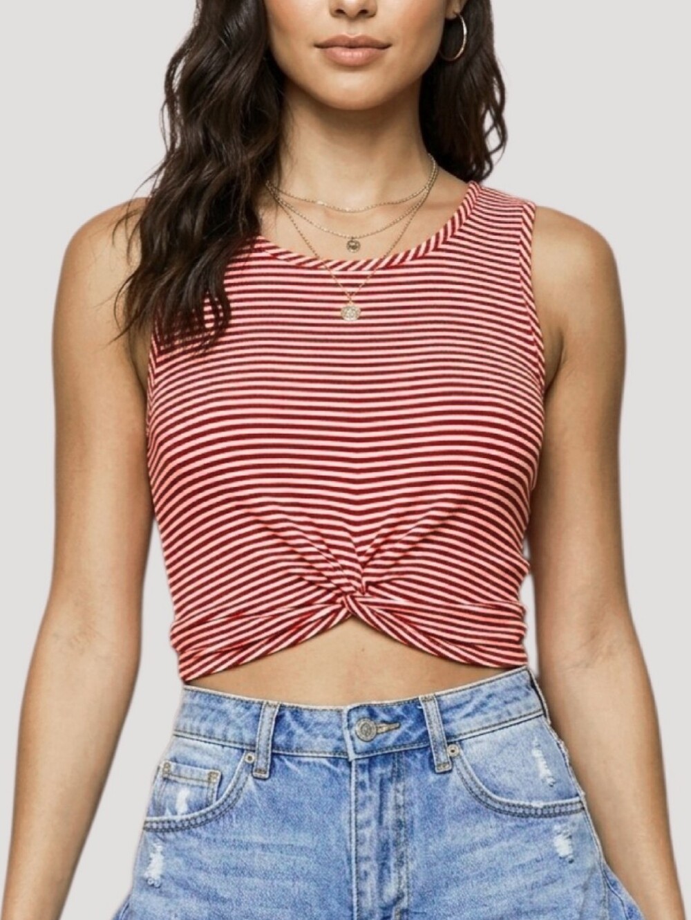 Poison Ivy Red/White Striped Knot Crop Top